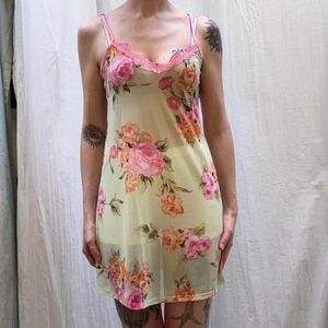 Light Green and Pink Floral Lace Mesh Nighty Slip Y2K Sexy Sheer Small‎ Raver